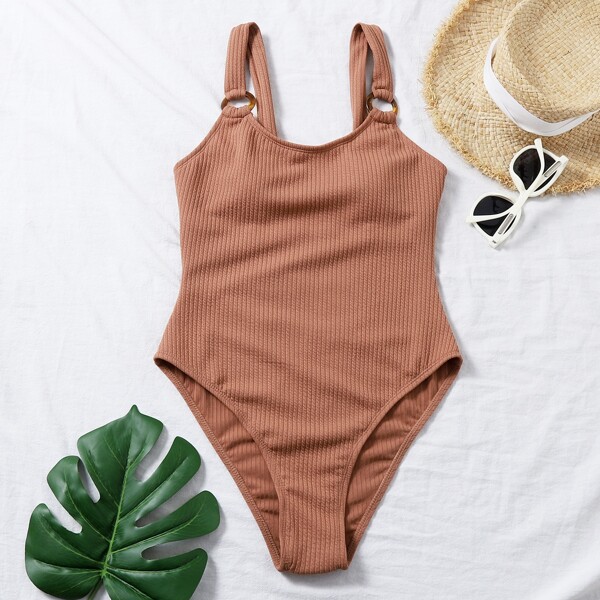 

Rib Ring Linked One Piece Swimsuit, Apricot