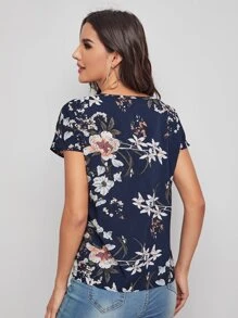 SHEIN LUNE Cutout V-neck Floral Print Top - Multicolor - View 2