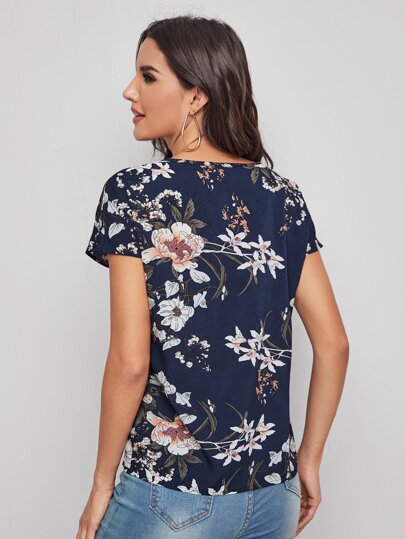 Cutout V-neck Floral Print Top