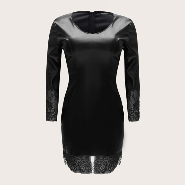

Plus Contrast Lace Panel PU Fitted Dress, Black