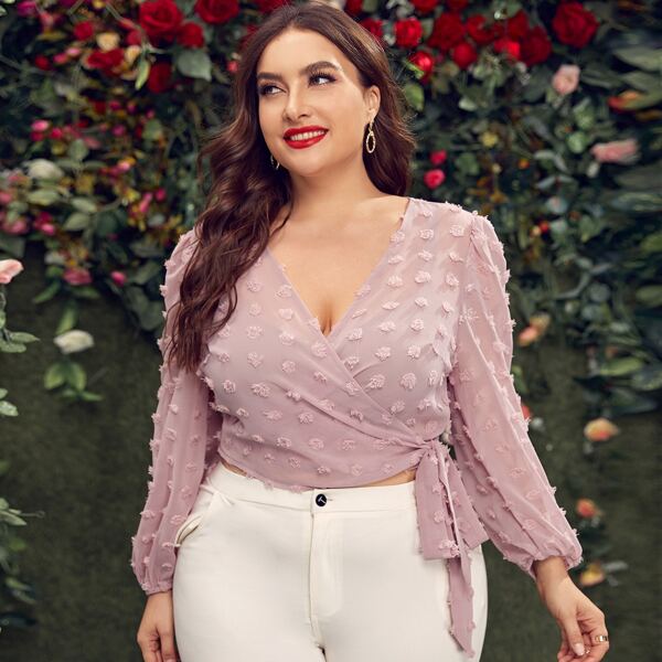 

Plus Swiss Dot Wrap Tie Side Blouse, Dusty pink