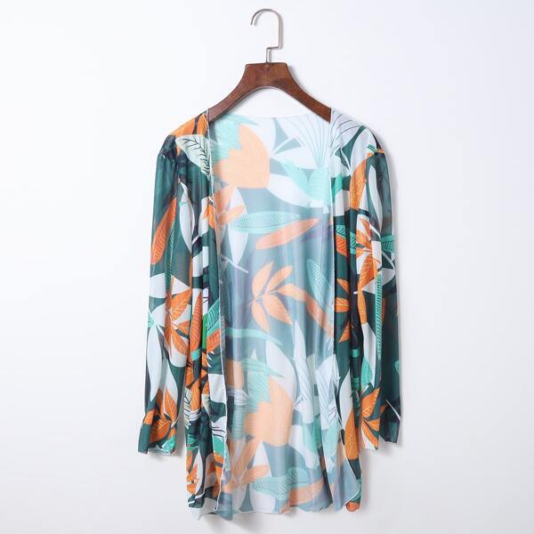 

Allover Leaf Print Kimono, Multicolor