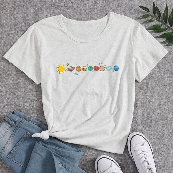 

Planet Print Round Neck Tee, Light grey