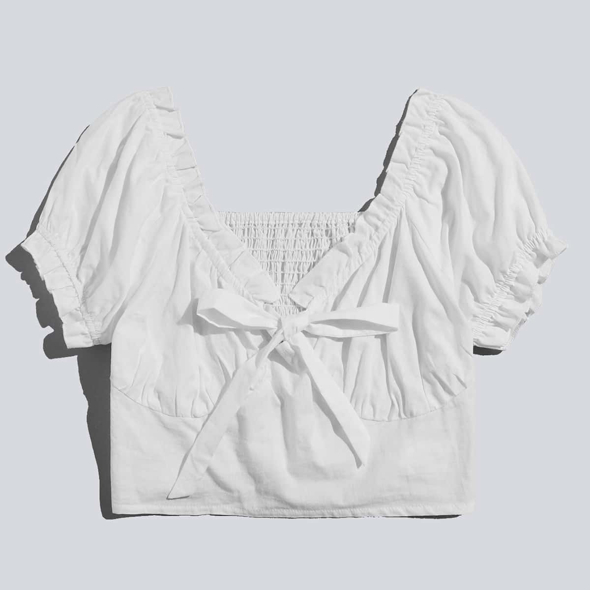 

Solid Tie Front Shirred Blouse, White