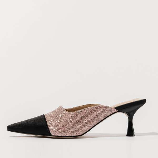 

Glitter Detail Mid Heeled Mule Heels, Pink