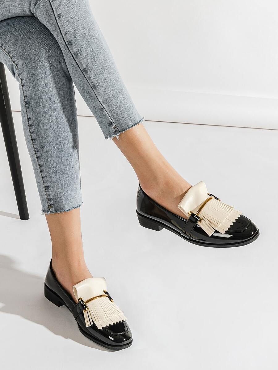 Metal Decor Fringe Design Flats,Women's Spring, Autumn And Winter Lefu Thermal Lined Black Small Leather Shoes Tassel Metal Buckle Versatile Flat Shoes,Loafer - Black - View 1
