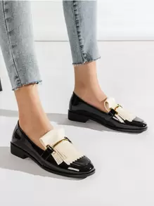 Metal Decor Fringe Design Flats,Women's Spring, Autumn And Winter Lefu Thermal Lined Black Small Leather Shoes Tassel Metal Buckle Versatile Flat Shoes,Loafer