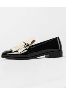 Metal Decor Fringe Design Flats,Women's Spring, Autumn And Winter Lefu Thermal Lined Black Small Leather Shoes Tassel Metal Buckle Versatile Flat Shoes,Loafer