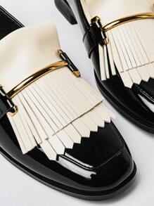 Metal Decor Fringe Design Flats,Women's Spring, Autumn And Winter Lefu Thermal Lined Black Small Leather Shoes Tassel Metal Buckle Versatile Flat Shoes,Loafer