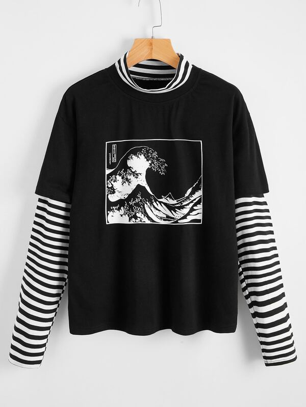 2 In 1 Striped Sleeve Wave Graphic Tee