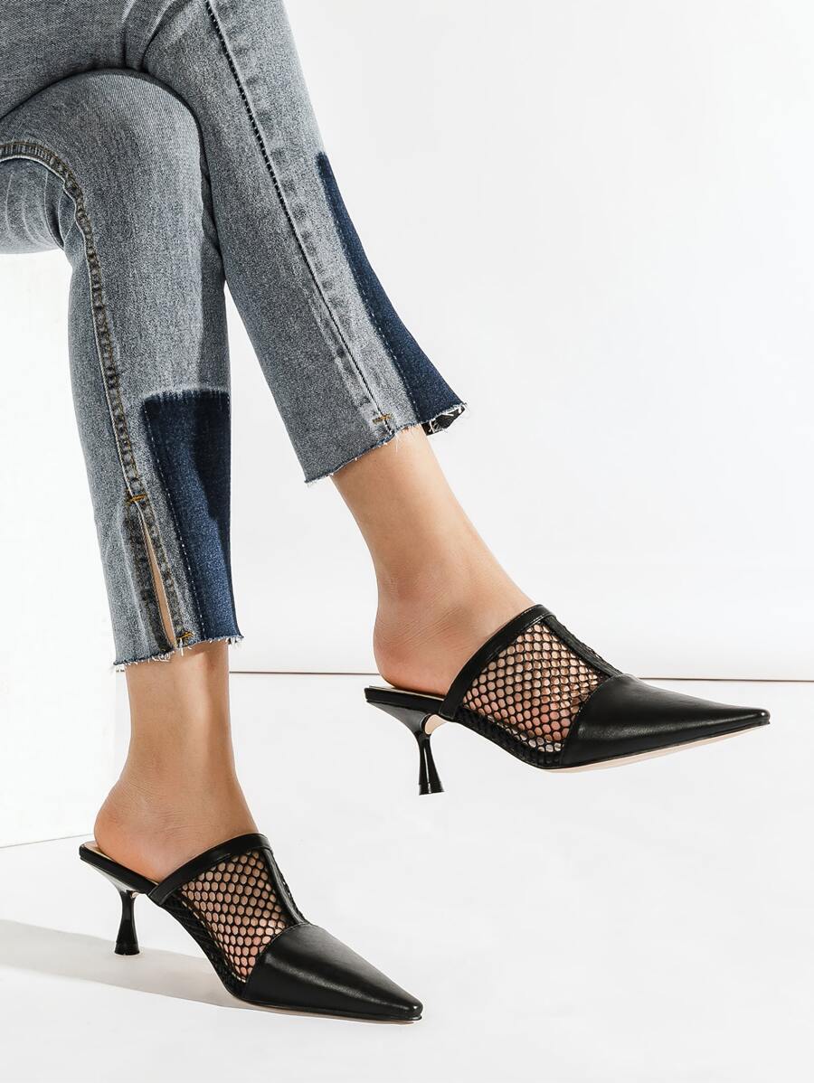 尖頭中空拖鞋，女士春夏季尖頭高跟網眼中空多功能蝴蝶結高跟鞋 - 黑色 - 查看 1