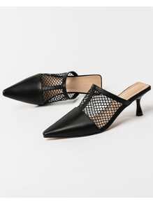 尖頭中空拖鞋，女士春夏季尖頭高跟網眼中空多功能蝴蝶結高跟鞋 - 黑色 - 查看 3