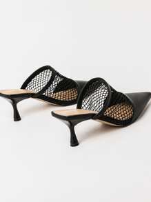 尖頭中空拖鞋，女士春夏季尖頭高跟網眼中空多功能蝴蝶結高跟鞋 - 黑色 - 查看 6