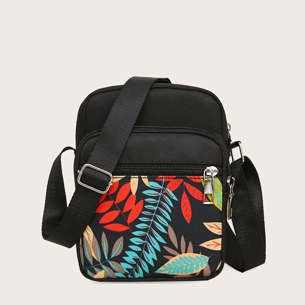 

Leaf Graphic Pocket Front Crossbody Bag, Black