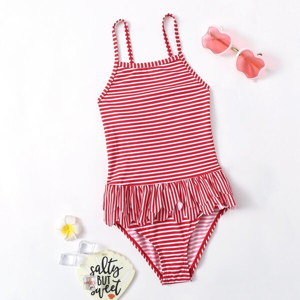 

Toddler Girls Striped Tiered Layer One Piece Swimsuit, Red and white