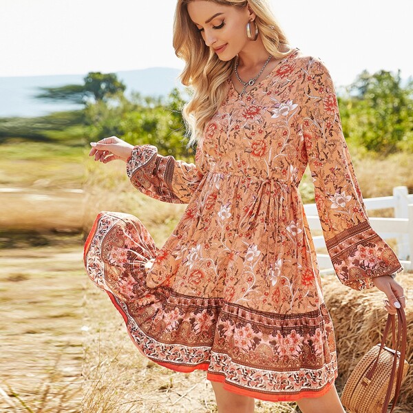 

узел Цветочный принт Бохо Платье, Коралловый оранжевый