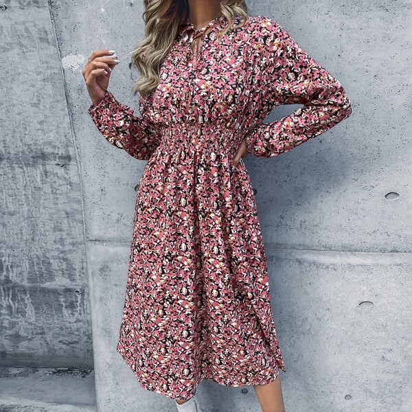 

Tie Neck Shirred Waist Allover Floral Dress, Multicolor