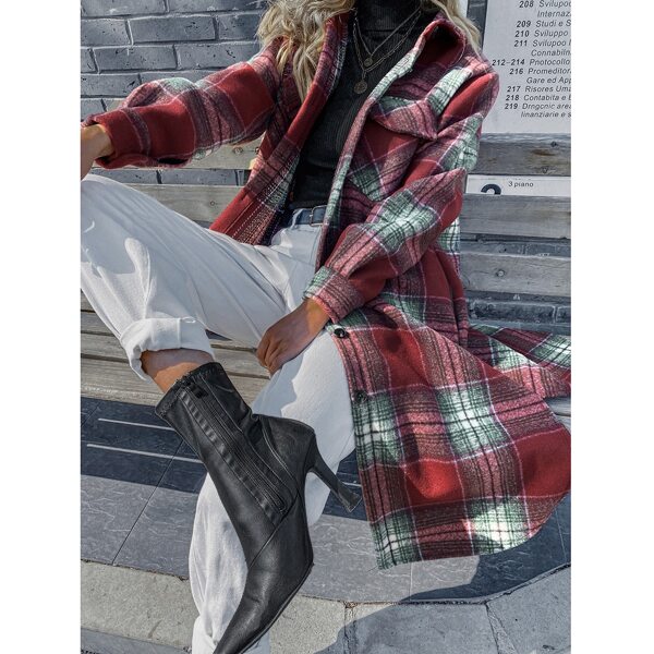 

Flap Pocket Plaid Curved Hem Overcoat, Multicolor
