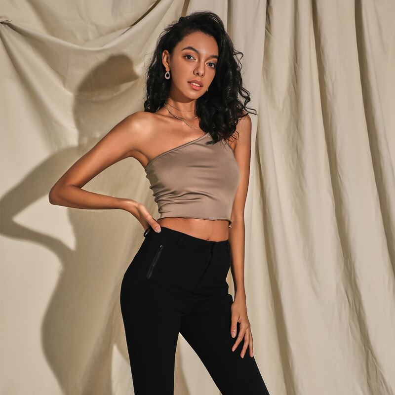 

One Shoulder Solid Top, Mocha brown