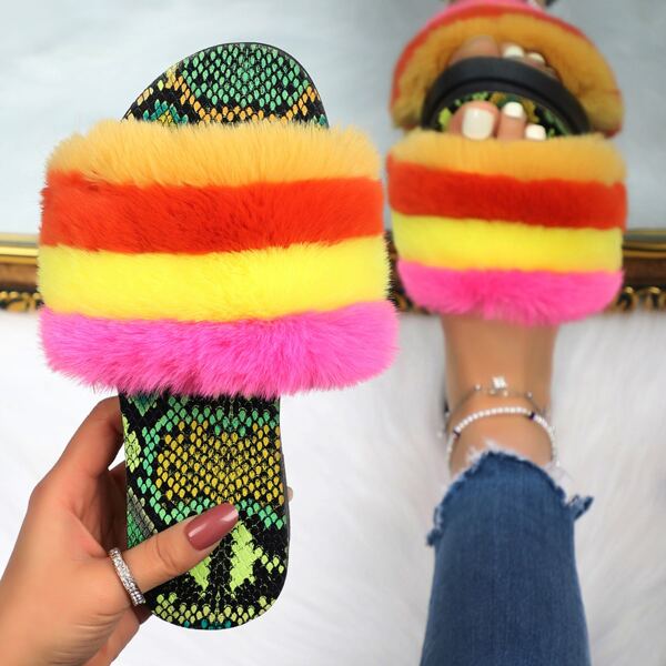 

Fluffy Color Block Snakeskin Print Slides, Multicolor