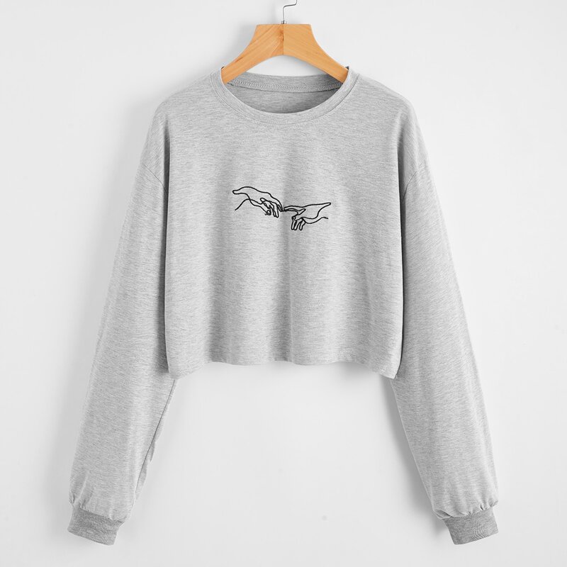 

Hand Embroidery Drop Shoulder Crop Tee, Light grey