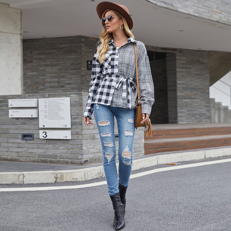 

Drop Shoulder Belted Gingham & Plaid Blouse, Black and white