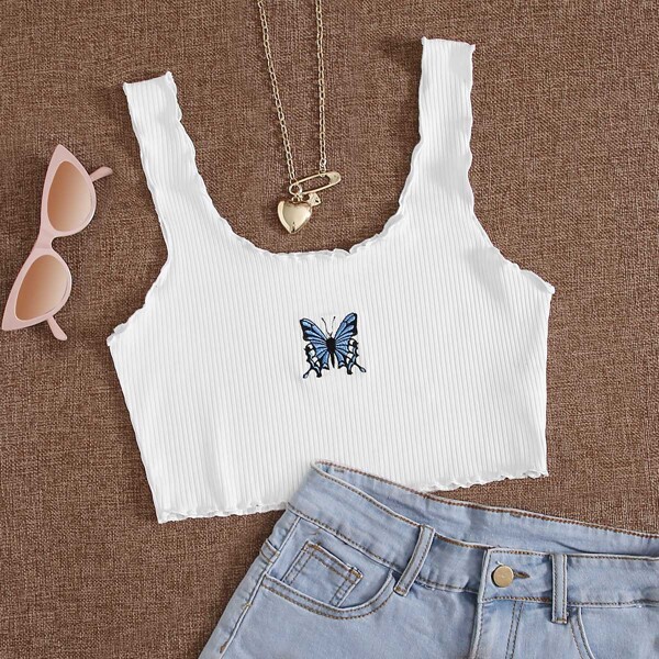 

Plus Butterfly Embroidered Lettuce Crop Tank Top, White