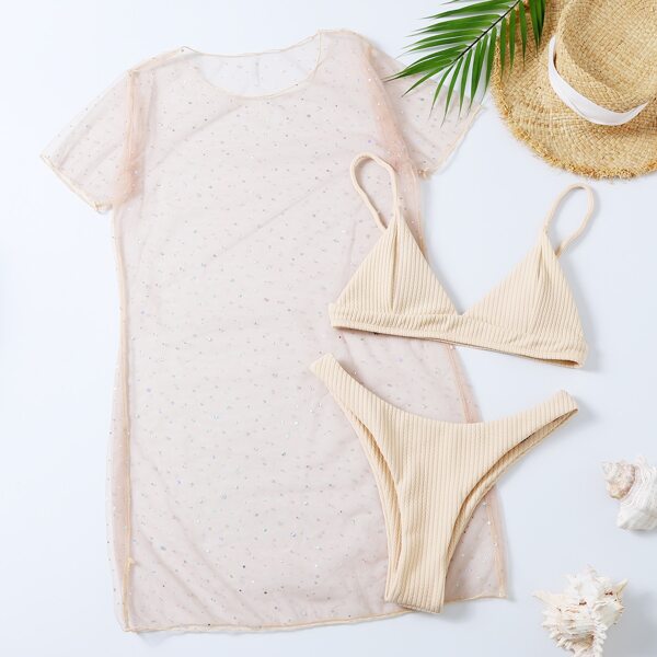 

3pack Rib Triangle Bikini Swimsuit & Glitter Cover Up, Beige