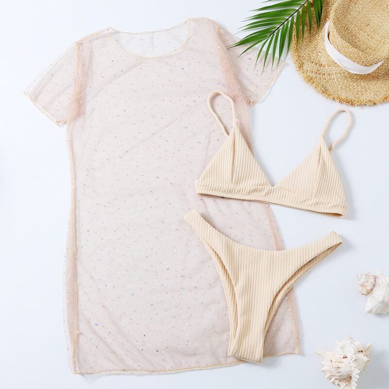 

3pack Rib Triangle Bikini Swimsuit & Glitter Cover Up, Beige