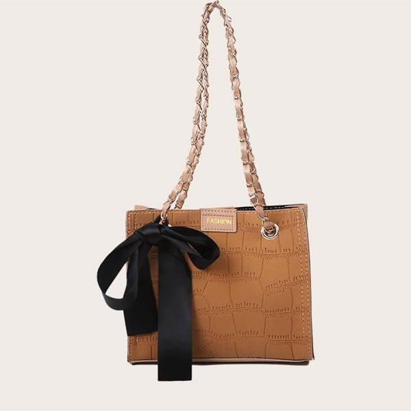 

Twilly Scarf Decor Croc Embossed Shoulder Bag, Khaki