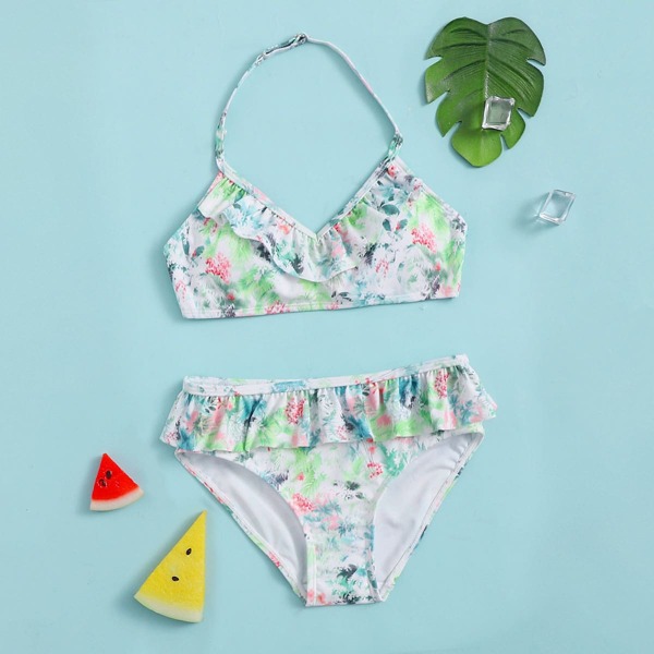 

Girls Tropical Ruffle Trim Halter Bikini Swimsuit, Multicolor