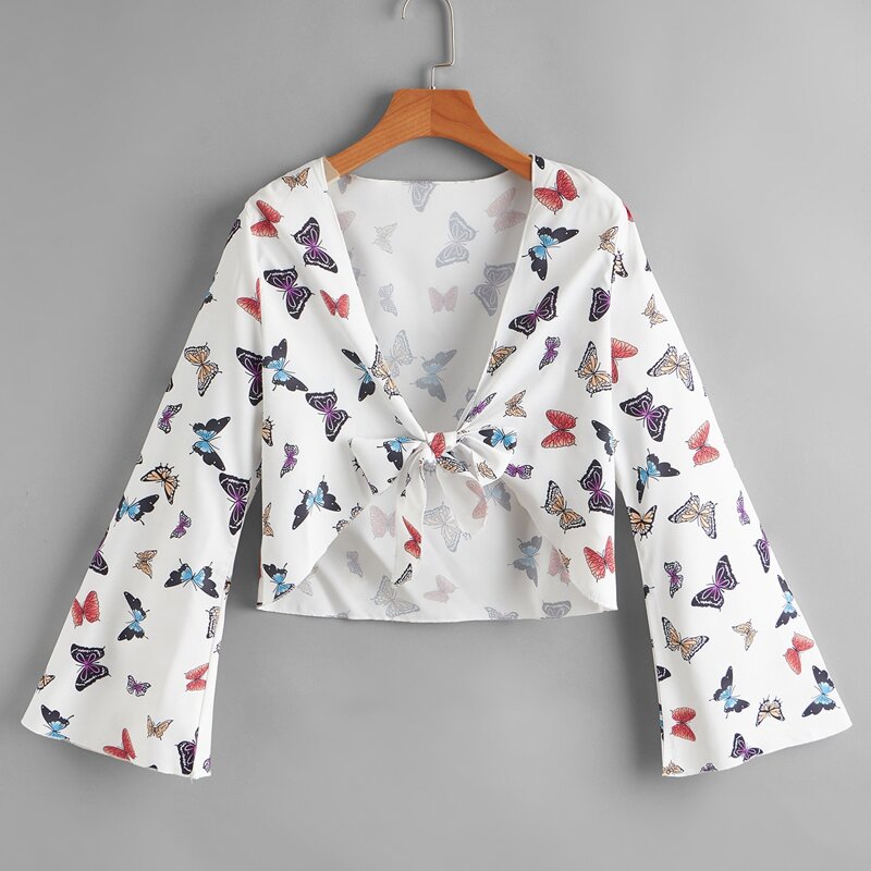 

Butterfly Print Tie Front Crop Top, Multicolor