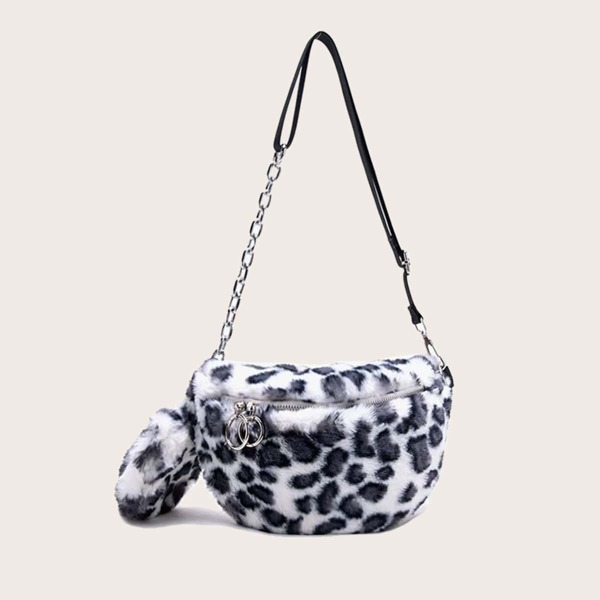 

Leopard Pattern Fluffy Crossbody Bag With Pouch, Black and white