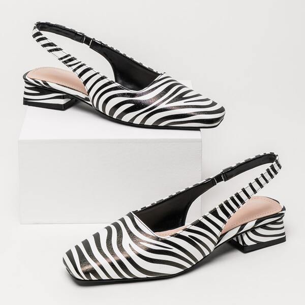 

Square Toe Zebra Print Slingback Flats, Black and white