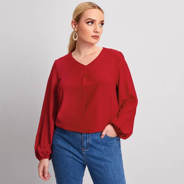 

Plus Solid Bishop Sleeve Blouse, Burgundy