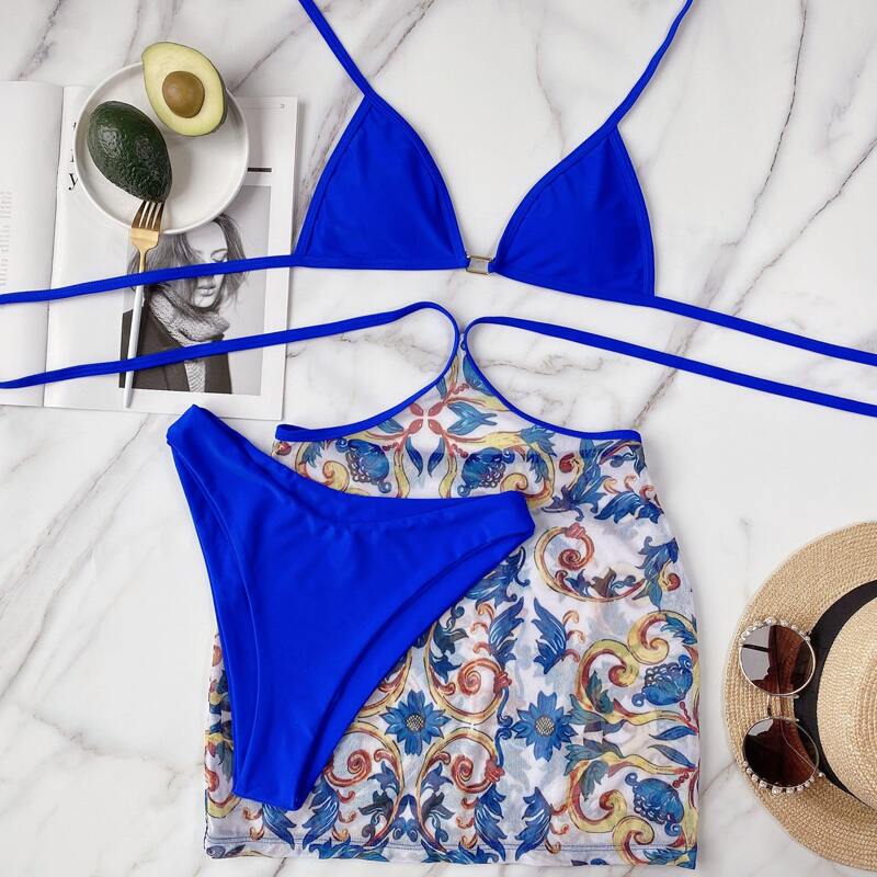 

3pack Baroque Halter Bikini Swimsuit & Beach Skirt, Royal blue