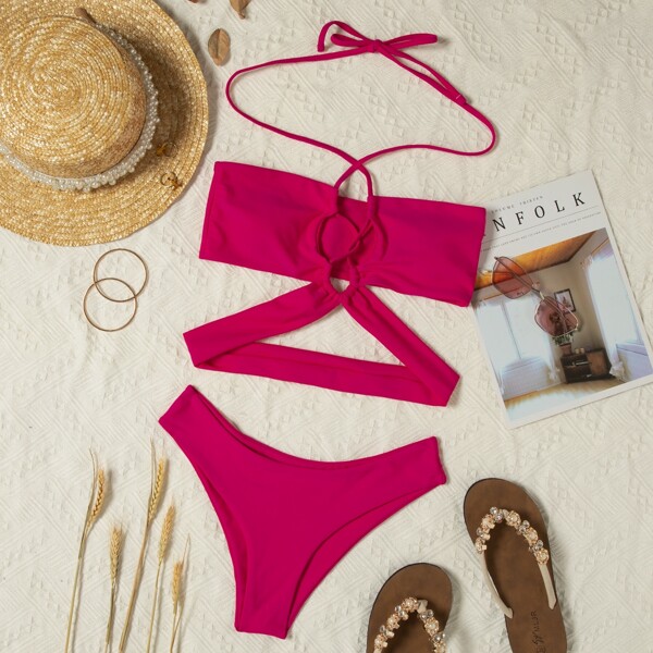 

Cut-out Cross Halter Bikini Swimsuit, Hot pink