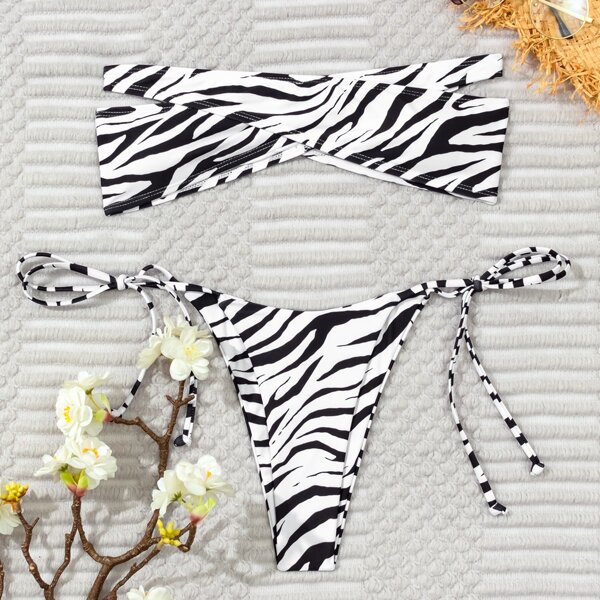 

Zebra Striped Bandeau Tie Side Bikini Swimsuit, Black and white