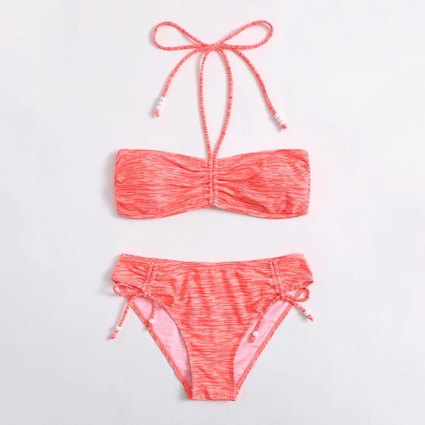 

Beaded Decor Halter Bikini Swimsuit, Watermelon pink