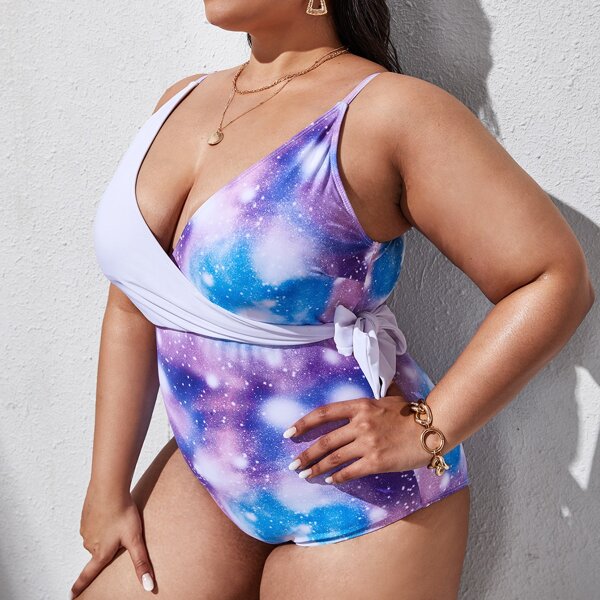 

Plus Galaxy Print Knot Side One Piece Swimsuit, Multicolor