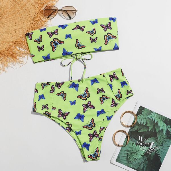 

Plus Butterfly Print Lace-up Bandeau Bikini Swimsuit, Multicolor