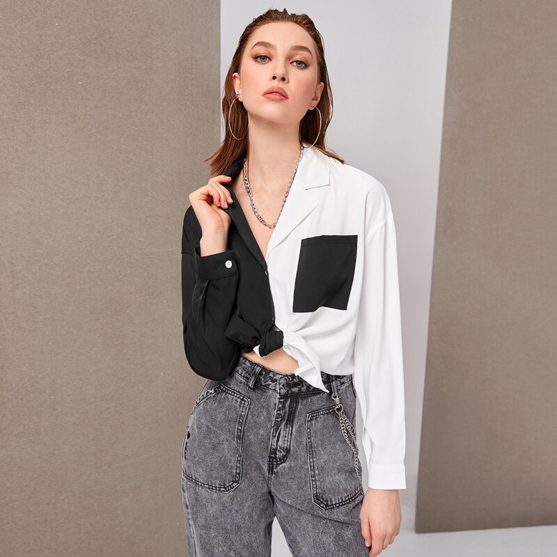 

Pocket Front Two Tone Shirt, Black and white