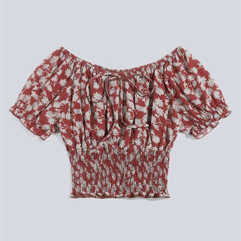 

Ditsy Flower Shirred Blouse, Burgundy