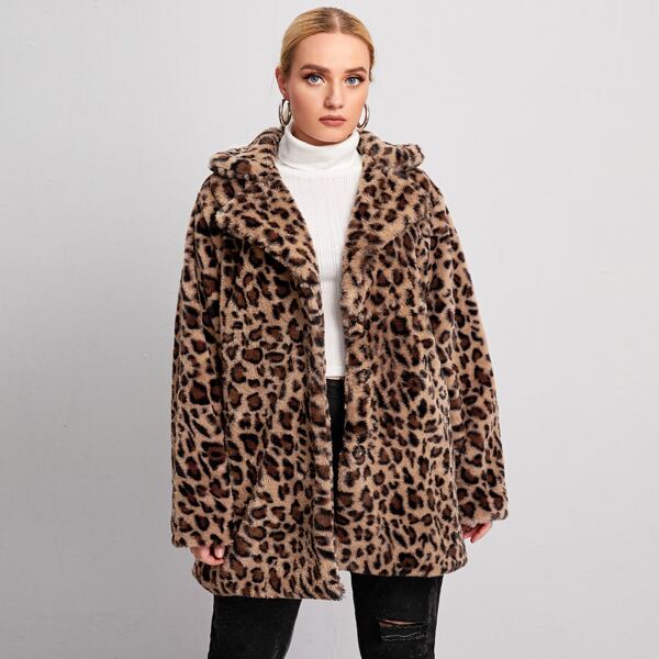 

Plus Teddy Leopard Pattern Open Front Coat, Multicolor