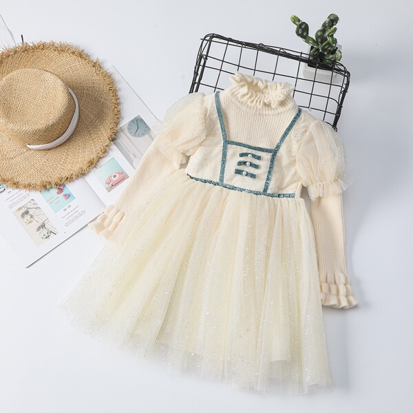 

Toddler Girls Gigot Sleeve Mesh Hem Sweater Dress, Beige