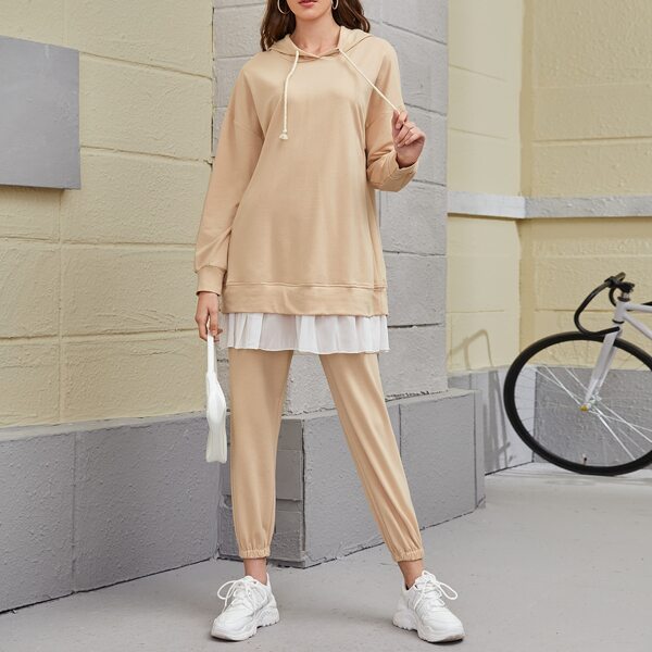 

Mesh Panel Drawstring Hoodie & Sweatpants, Apricot
