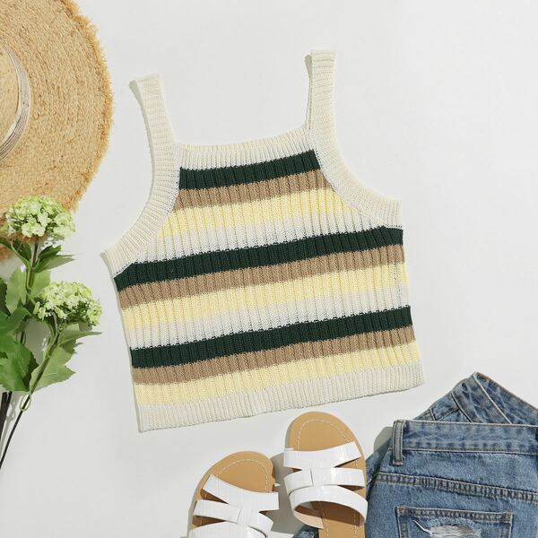 

Striped Pattern Rib-knit Cami Top, Multicolor