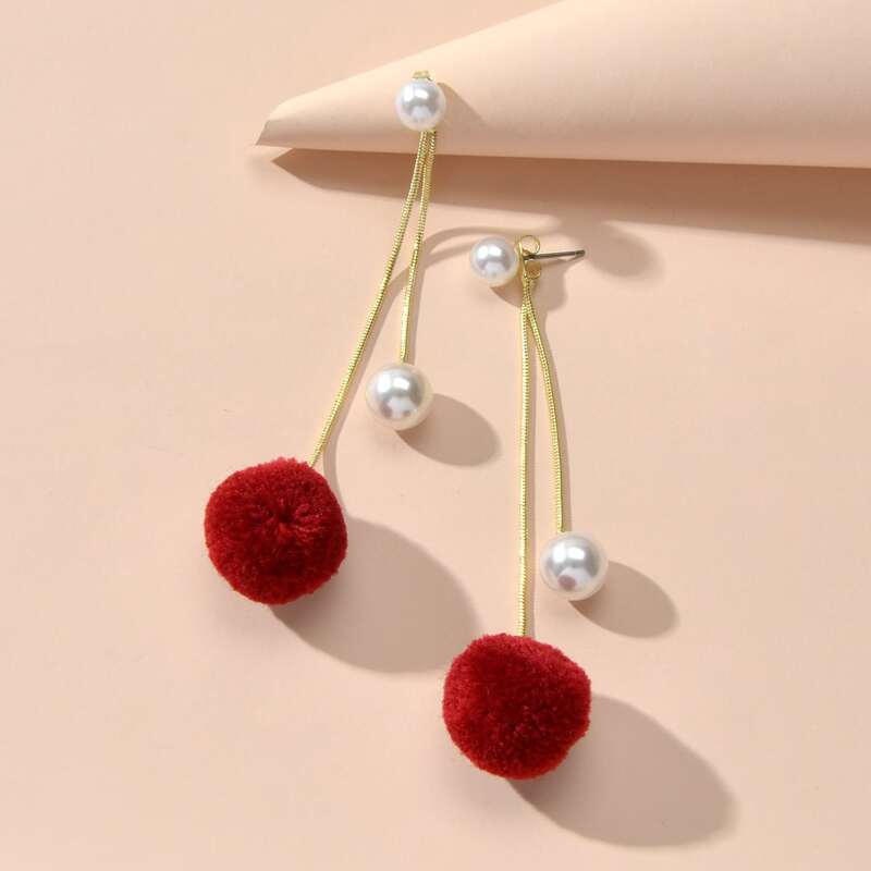 

Faux Pearl Drop Earrings, Red