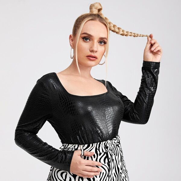 

Plus Square Neck Crocodile Embossed Top, Black