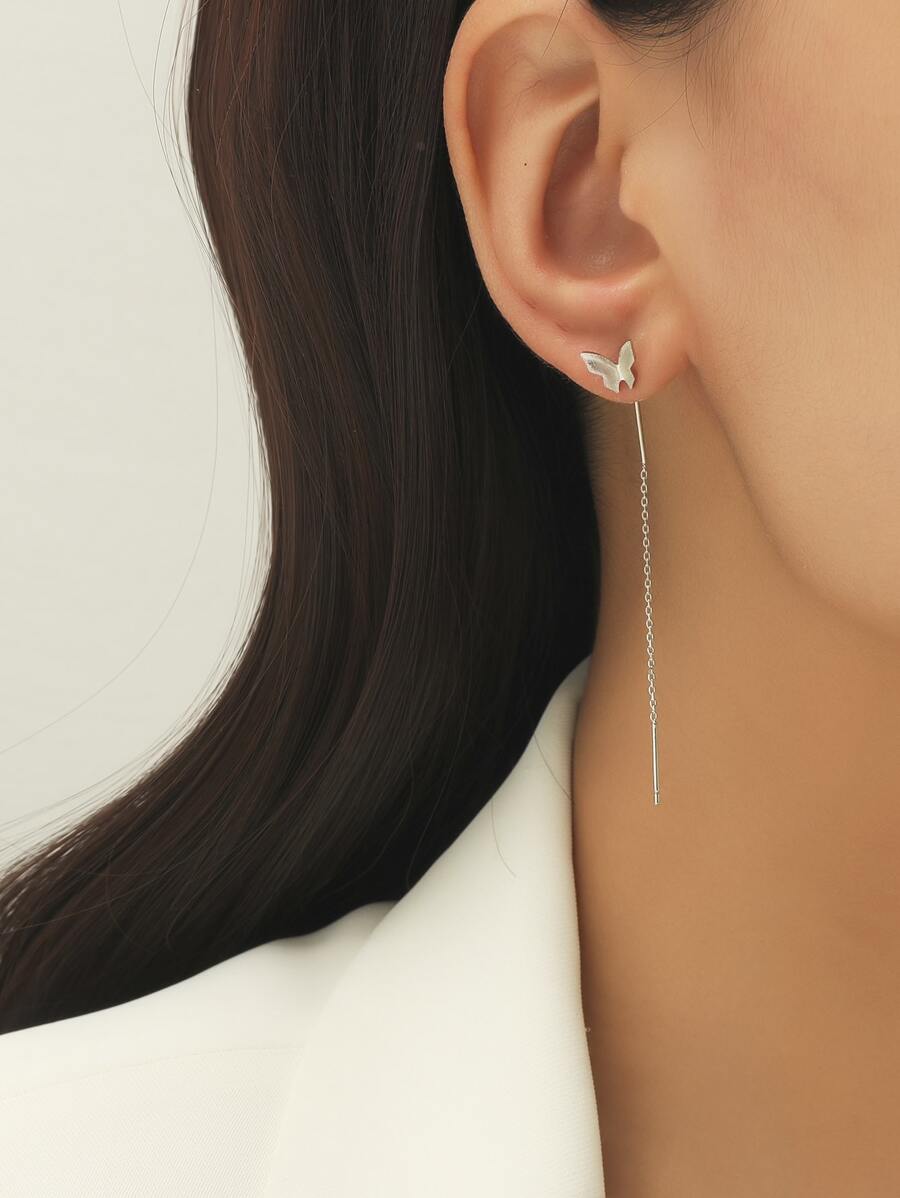 蝴蝶設計耳墜 - 銀色 - 查看 1